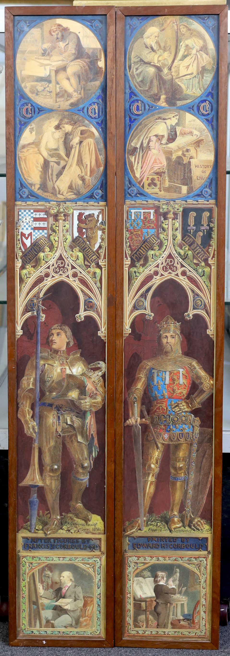 Edward Henry Corbould, R.I. (English, 1815-1905), Knights in armour standing beneath roundels representing Music and History & Architecture and Poetry, pair of watercolours, 118 x 17.5cm